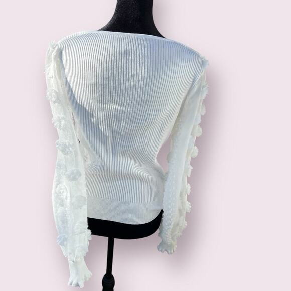 White sweater with sheer tufted sleeves.  Women's size 7-9 - Picture 6 of 9
